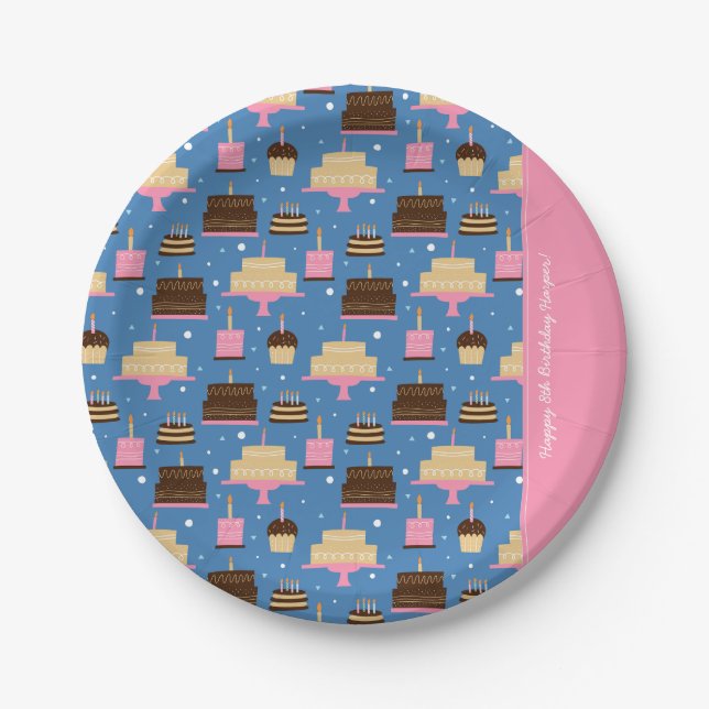 Birthday Cake Pattern Custom Name + Greeting Paper Plate (Front)