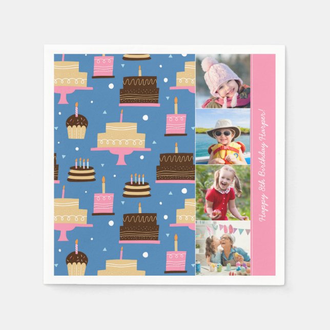 Birthday Cake Pattern Custom Name + Greeting Photo Napkin (Front)