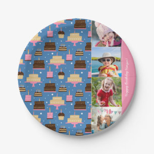 Birthday Cake Pattern Custom Name + Greeting Photo Paper Plate