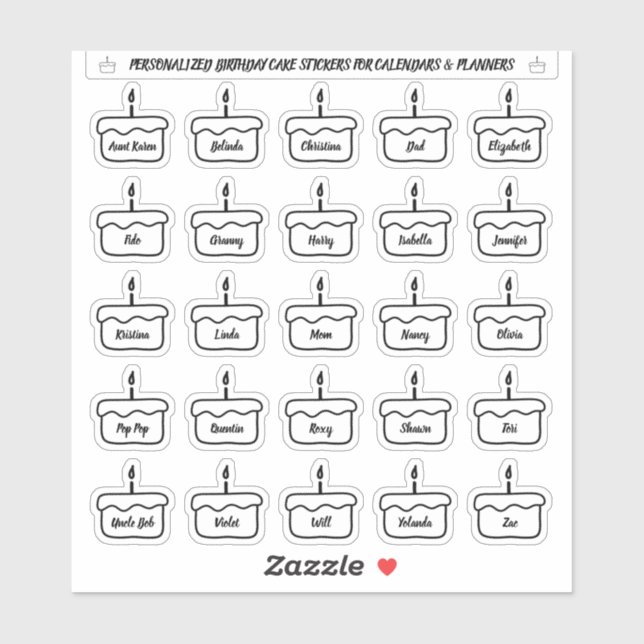 Birthday cake stickers for calendars and planners (Sheet)