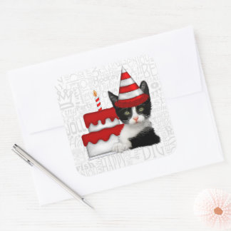 Birthday Cake with Black and White Kitten Square Sticker