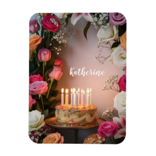 Birthday Cake with Lit Candles and Custom Name Magnet