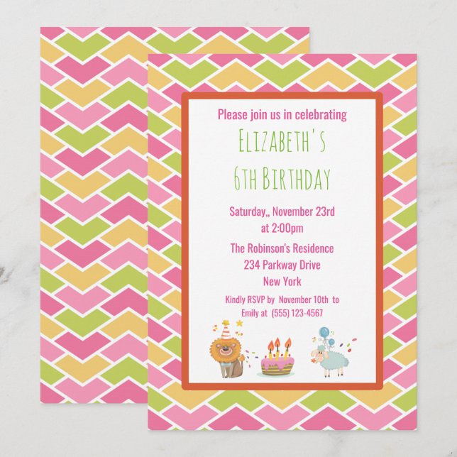Birthday Cake with Party Lion and Sheep Invite (Front/Back)