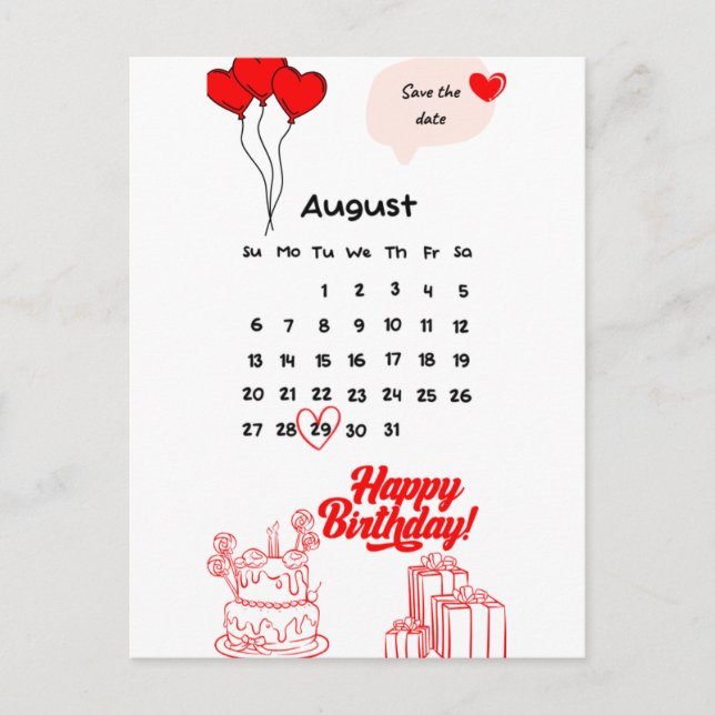 birthday calendar postcards august month (Front)