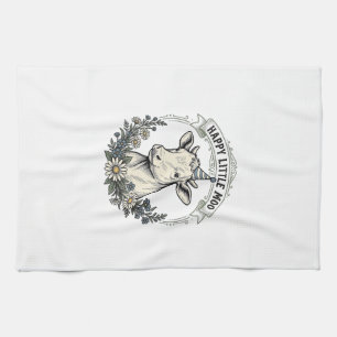 Birthday Calf Illustration Vintage Engraving Flora Kitchen Towel
