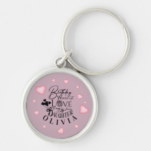 Birthday Calligraphy Custom Name Minimalist Hearts Keychain