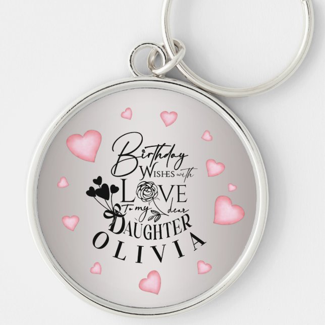 Birthday Calligraphy Custom Name Minimalist Hearts Keychain (Front)