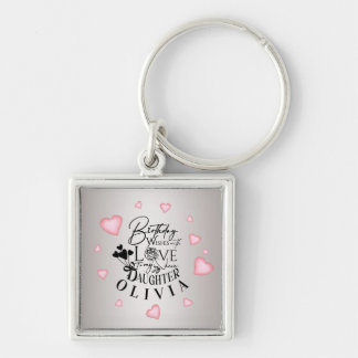 Birthday Calligraphy Custom Name Minimalist Hearts Keychain
