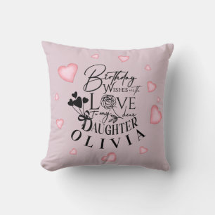 Birthday Calligraphy Custom Name Minimalist Hearts Throw Pillow