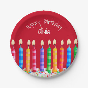 Birthday Candles on Red with Name Paper Plate