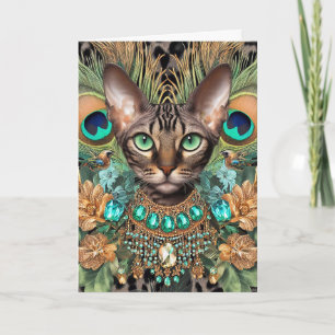 Birthday Card Bengal Tiger Cat Peacock Feathers