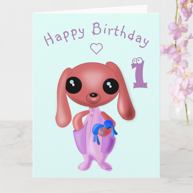Birthday Card Cutte Bunny with Toy - Customizable (Orchid)