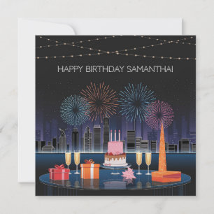 Birthday Card Design with Fireworks and Cityscape