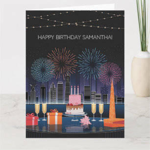 Birthday Card Design with Fireworks and Cityscape