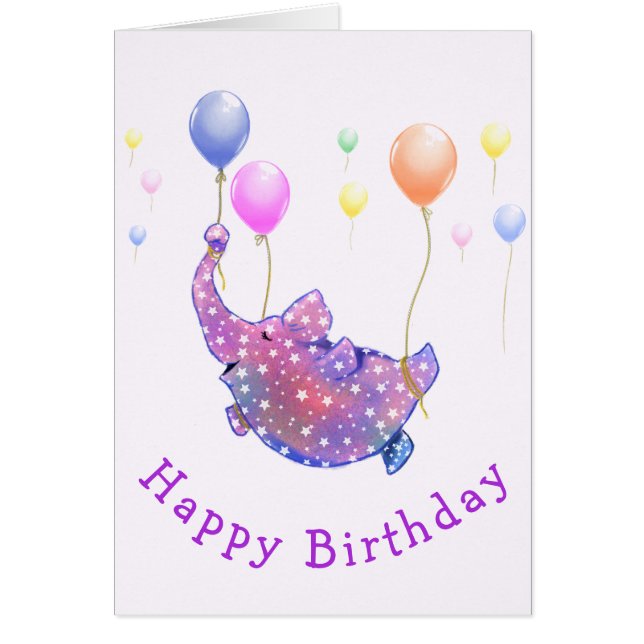 Birthday Card Elephant Flying with Balloons (Front)