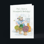 Birthday Card for a Father - Gardening<br><div class="desc">A Birthday Card for a Father,  with a man enjoying tending his plants,  from a watercolour illustration by Judy Adamson. Please feel free to edit or delete the inside text and request and changes to the front cover text through my store.</div>