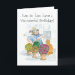 Birthday Card for a Son-in-law - Gardening<br><div class="desc">A Birthday Card for a Son-in-law,  with a man enjoying tending his plants,  from a watercolour illustration by Judy Adamson. Please feel free to edit or delete the inside text and request and changes to the front cover text through my store.</div>