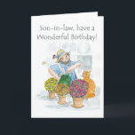 Birthday Card for a Son-in-law - Gardening<br><div class="desc">A Birthday Card for a Son-in-law,  with a man enjoying tending his plants,  from a watercolour illustration by Judy Adamson. Please feel free to edit or delete the inside text and request and changes to the front cover text through my store.</div>