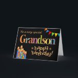 Birthday Card for Grandson, Bunting and Candles<br><div class="desc">A bright and colourful Birthday card for a Grandson,  with Birthday Cake Candles,  Bunting and Stars and the word,  'Grandson' in patterned lettering,  outlined in gold-effect (not metallic ink) and Happy Birthday,  also in gold-effect,  all on a black background. A digital design by Judy Adamson.</div>
