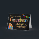 Birthday Card for Grandson, Bunting and Candles<br><div class="desc">A bright and colourful Birthday card for a Grandson,  with Birthday Cake Candles,  Bunting and Stars and the word,  'Grandson' in patterned lettering,  outlined in gold-effect (not metallic ink) and Happy Birthday,  also in gold-effect,  all on a black background. A digital design by Judy Adamson.</div>