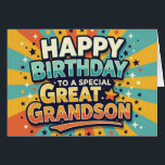 Birthday Card for Great Grandson Bold Retro Style<br><div class="desc">Make your great-grandson's birthday extra exciting with this bold and colourful retro-style card! Featuring dynamic text, vibrant starburst rays, and celebratory stars, this design brings big birthday energy to the party. Personalize the inside with your own message or photo to turn this keepsake into something he'll remember long after the...</div>