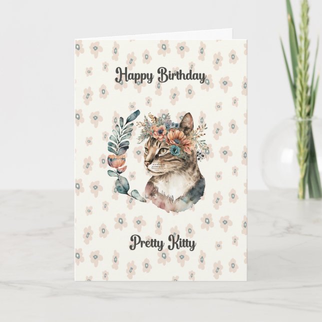 Birthday Card for Pretty Kitty Cat with Flowers (Front)