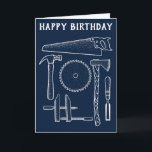 Birthday Card for Woodworkers and Carpenters<br><div class="desc">Wish your favourite woodworker or carpenter a happy birthday with this greeting card that features illustrations of classic woodworking and carpentry tools in white against a navy blue background. All the text on this card can be customized using the template fields. So you can add a personalized greeting or turn...</div>