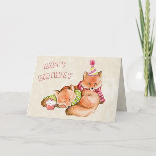 BIRTHDAY CARD - FOX CARD -  CUTE ANIMALS SNUGGLING (Front)