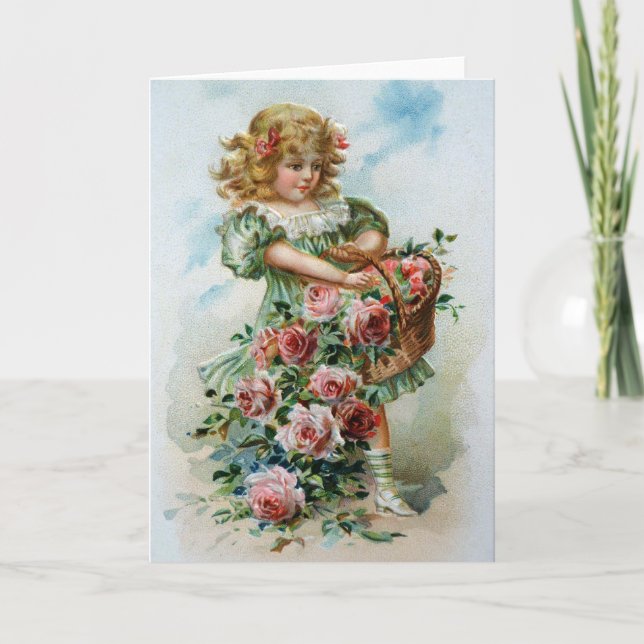 Birthday Card Greetings Roses Victorian Girl (Front)