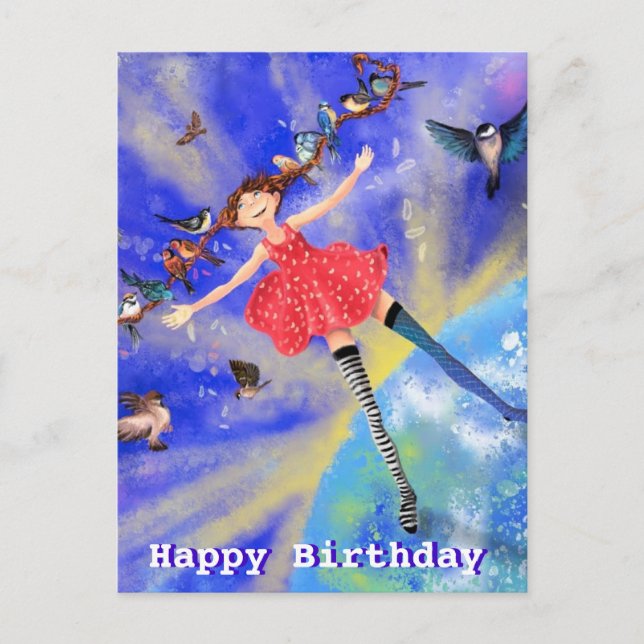 Birthday Card - Happy Girl with Birds (Front)