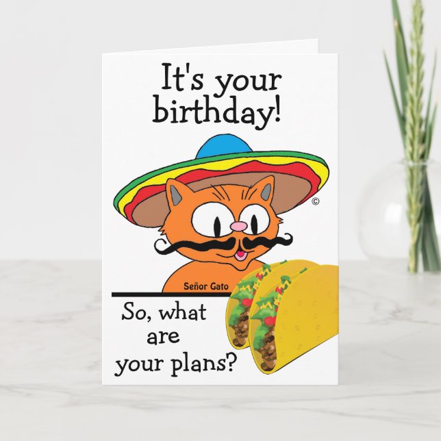 Birthday Card Humourous Cartoon Cat Tacos Pun (Front)