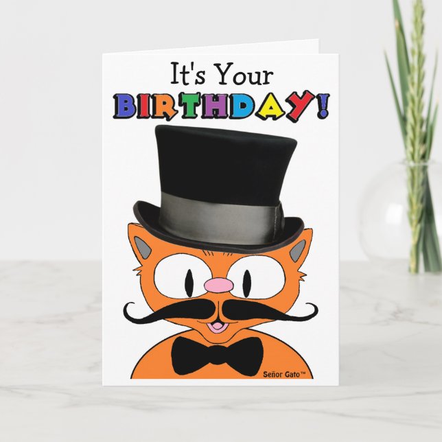 Birthday Card Humourous Cartoon Moustache Cat  (Front)