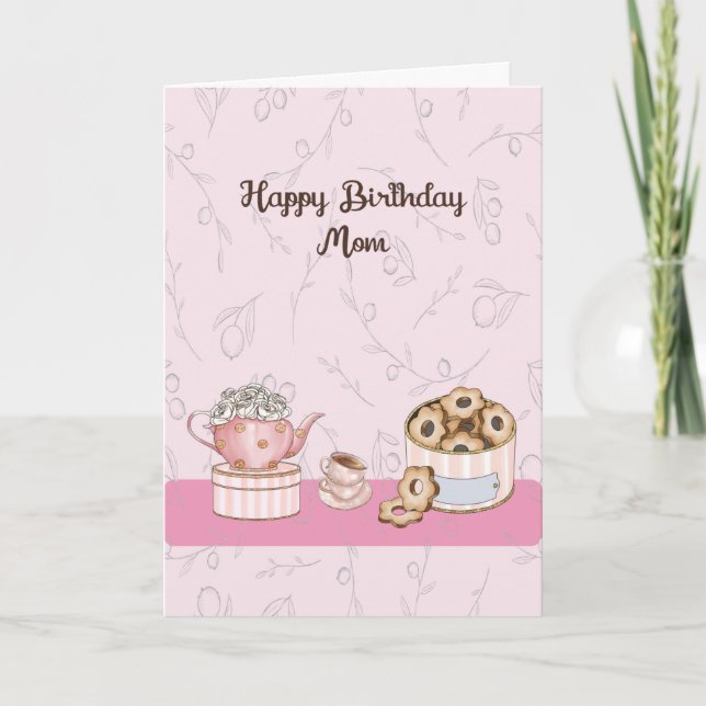 Birthday Card in Pink for Mom with Tea & Crumpets (Front)