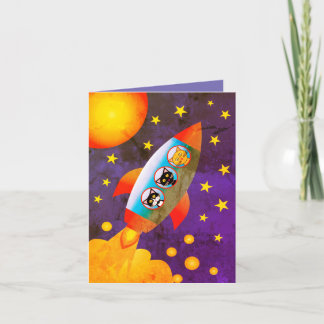 Birthday card: Moon rocket. space cats Card