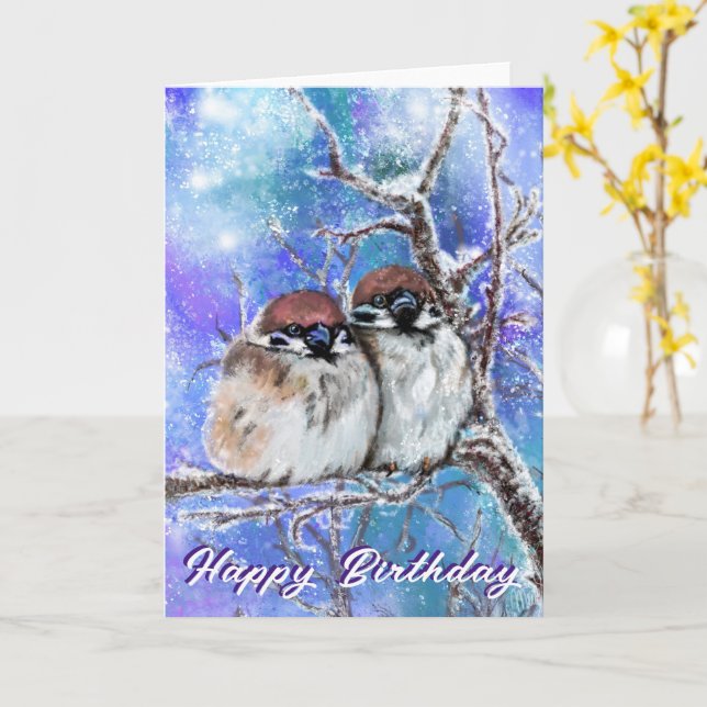 Birthday Card Sparrows Couple In Winter - Painting (Yellow Flower)