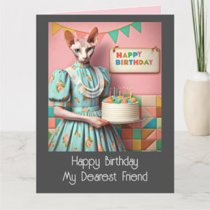 Birthday Card   Sphynx Cat Lady with Birthday Cake