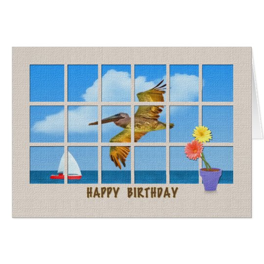Birthday Card with Brown Pelican and Flowers