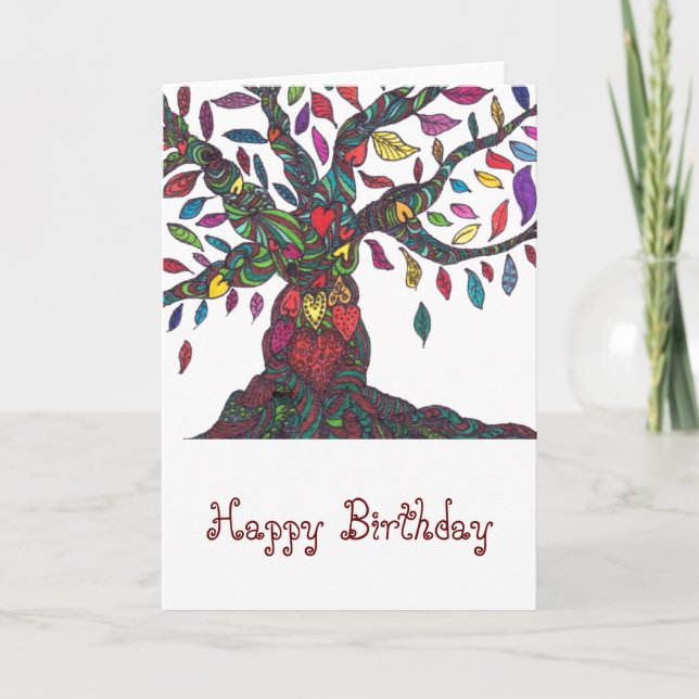 Birthday card with colourful tree and hearts (Front)