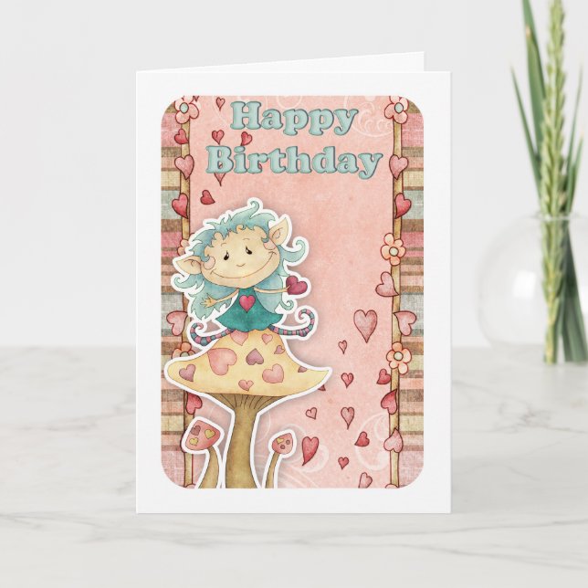 birthday card with cute little elf on mushroom (Front)