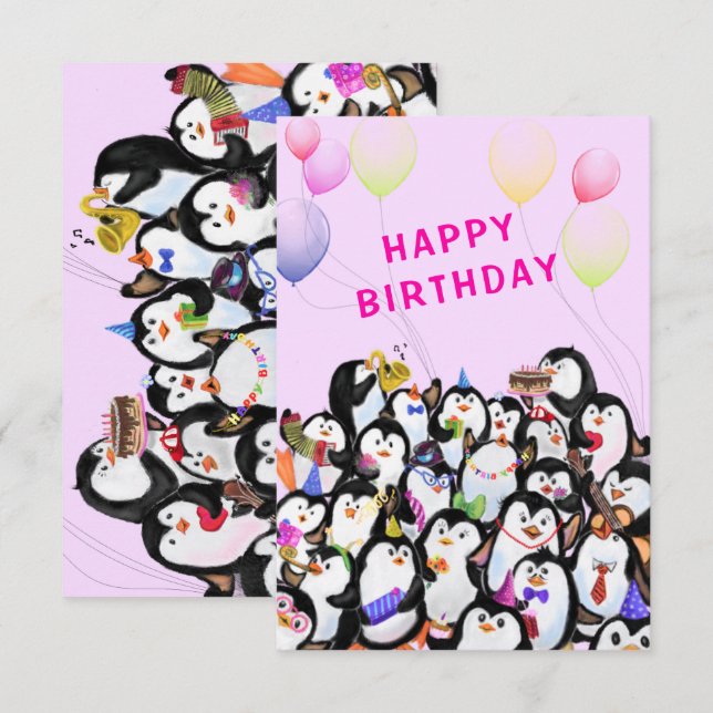 Birthday Card with Happy Penguin Party  (Front/Back)