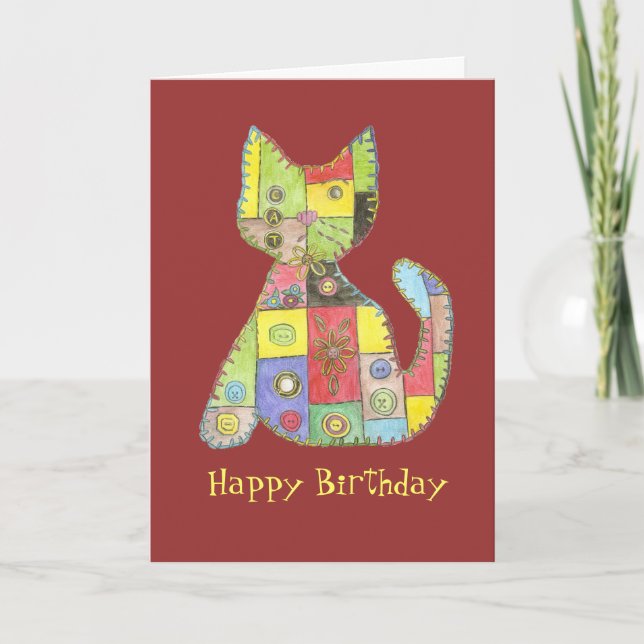 Birthday Card with patchwork cat (Front)