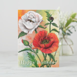 Birthday Card with Red White Poppy