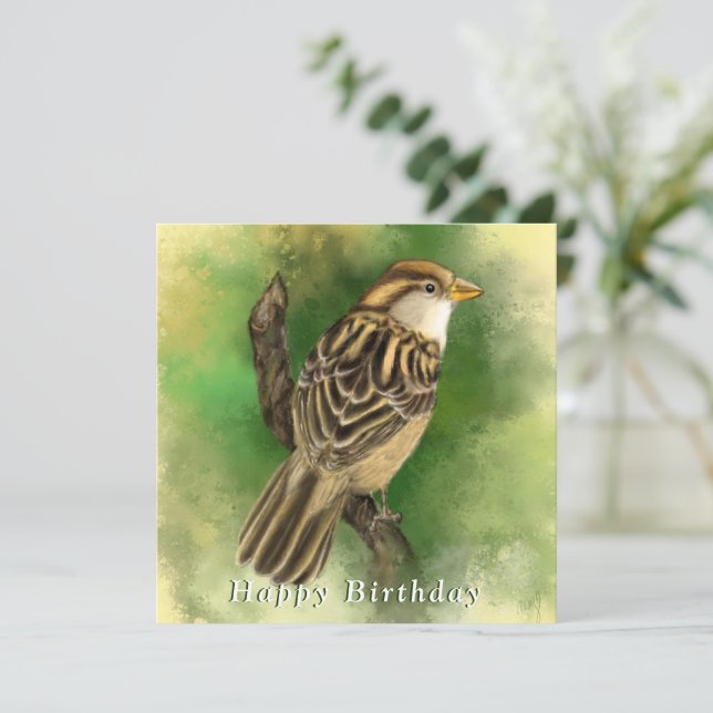 Birthday Card with Sparrow (Standing Front)