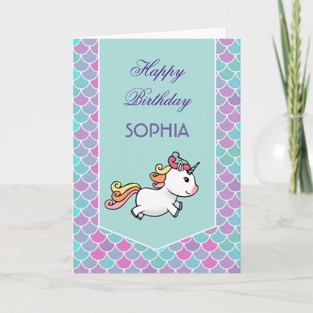 Birthday card with unicorn and mermaid scales (Front)