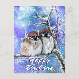 Birthday Card with Winter Sparrows - Hug