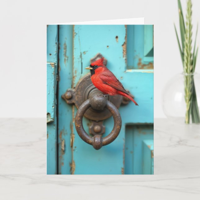 Birthday Cardinal On a Rusty Door Knocker Card (Front)