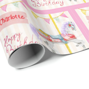 Birthday Carousel Horse Add Girl's Name Wrapping Paper