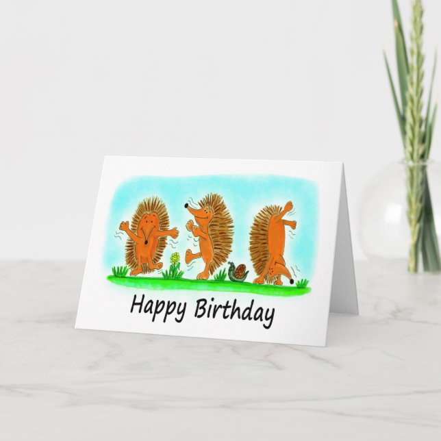 Birthday Cartoon Caricature of Dancing Hedgehogs Card (Front)