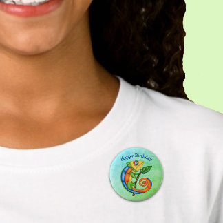 Birthday Cartoon Lizard Bright Colours on Leaf 2 Inch Round Button