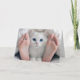 Birthday Cat and Human Feet Under a Duvet Card